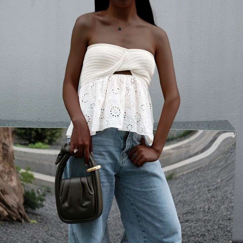 women's hot selg fashion casual knitting embroidery splicing vacation sexy strapless vest top 2025 new style chic elegant clothing