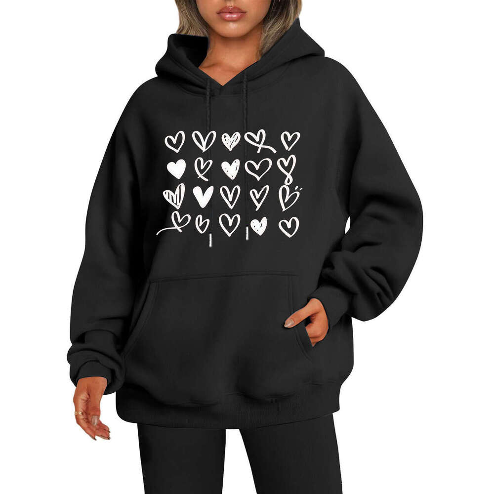 loose casual lapel with heart-shaped printed hoodie, women's clothing