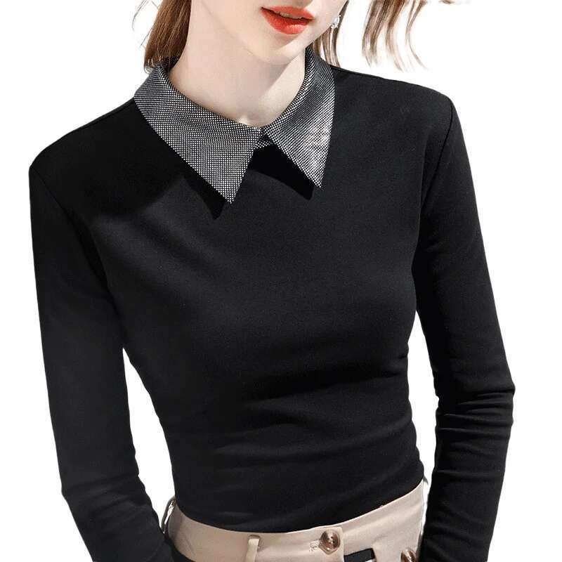 Polo Collar Slim Fit Full Set Base Makeup Women's Spring And Autumn New Style Long Sleeved Solid Color Retro T-shirt Top Fashionable And Elegant 