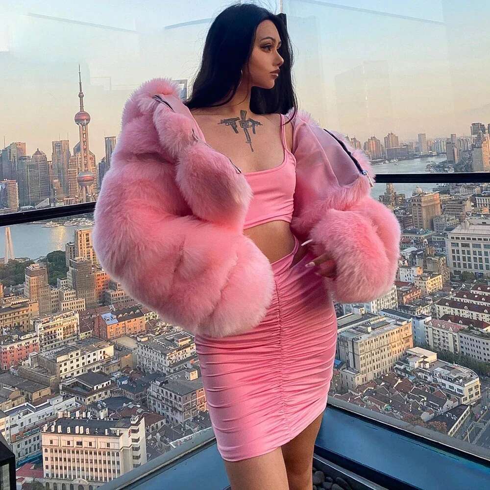 Winter Women Pink Faux Fox Coat Hooded Female Fluffy Artificial Mink Fur Jacket Zipper Outerwear Cking Cardigan