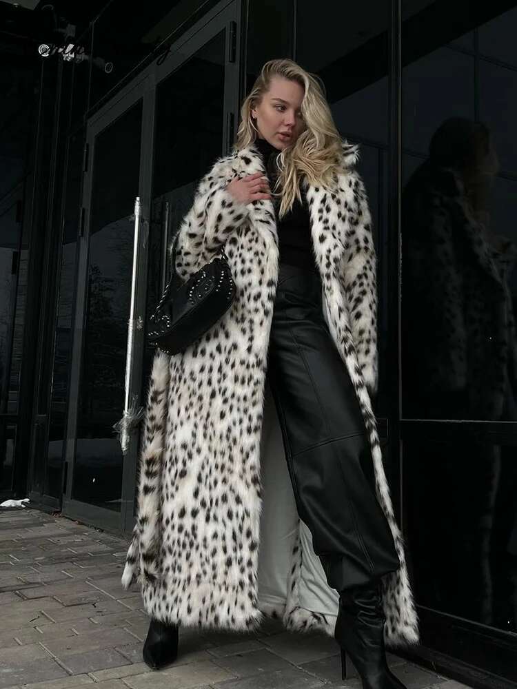 Thicken Faux Fur Overcoat Oversize Leopard Lapel Sleeve Long Coat Women 2024 Autumn Winter Fashion Street Lady Coats