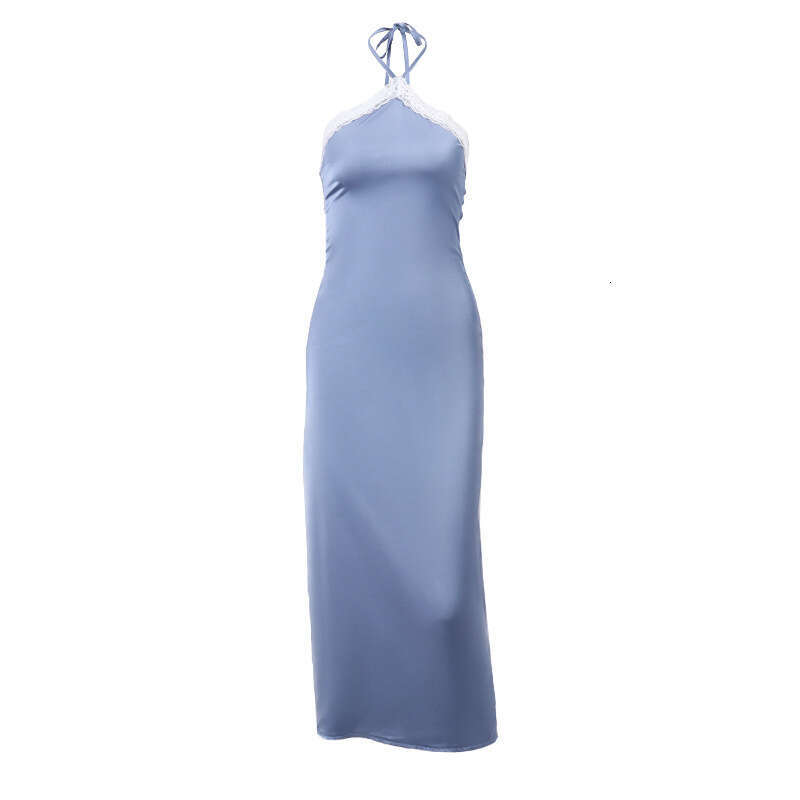 European American Ins2025 spring women's Kendou same backless one shoulder hanging neck lace edge dress 2025 new style chic and elegant clothing