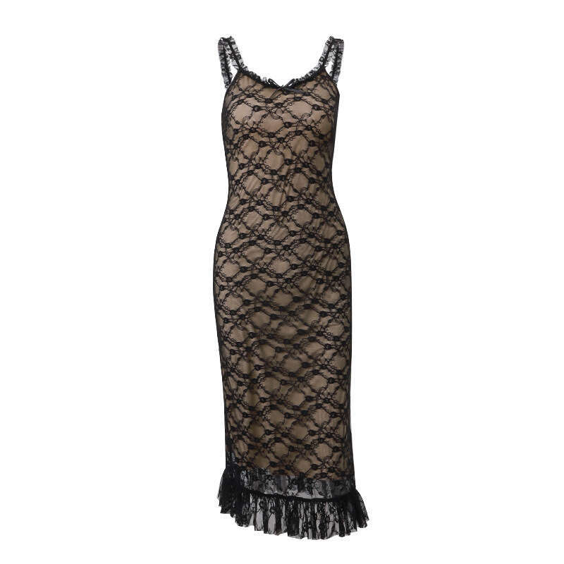 Ins European and American women's autumn hot item sexy V-neck low cut temperament lace mesh splicing suspender dress 2025 new casual versatile fa