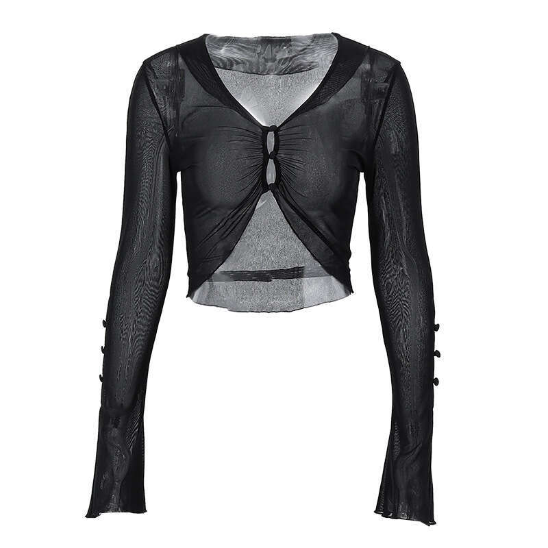 2025 autumn hot sexy pure desire spicy girl perspective mesh slim fit long sleeved top women's new casual fashion trend clothing