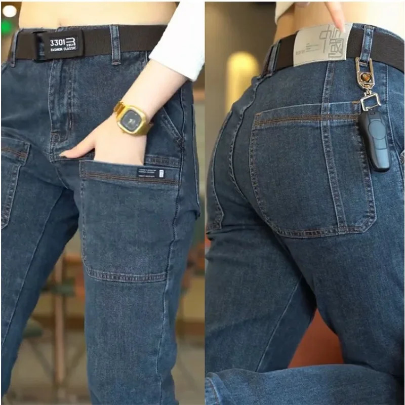 Korea Fashion Men Jeans Cargo Denim Pants Casual Blue Gray Pocket Denim Pants Straight Jean Womens Streetwear 250116