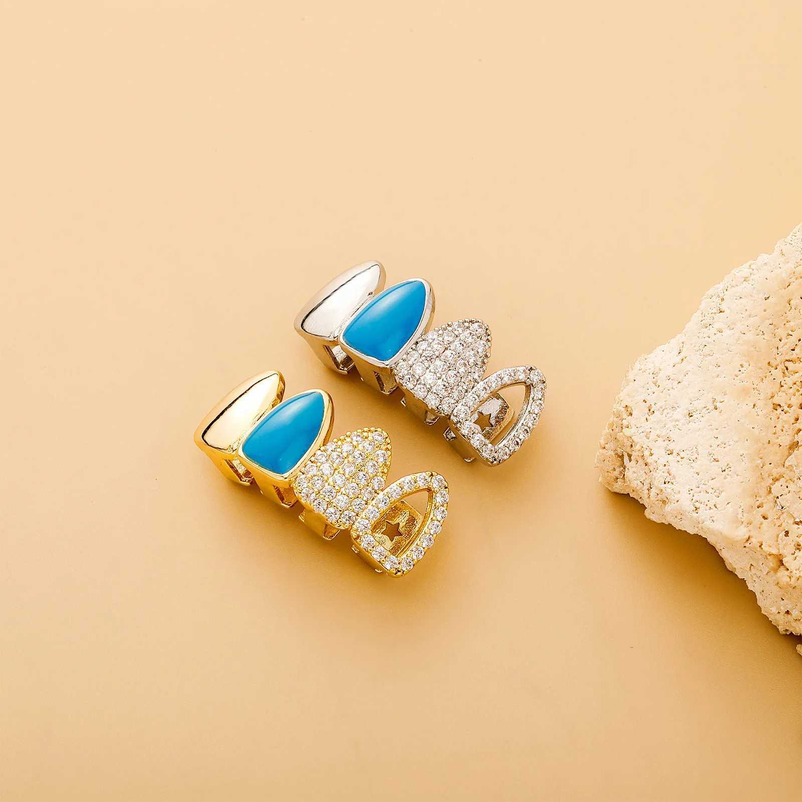 Hip Hop Double Blue Drip Oil Hollow Zircon Teeth Grillz 14K Gold Plated CZ Stone Tooth Caps For Women Men Couple JewelryXJ250114