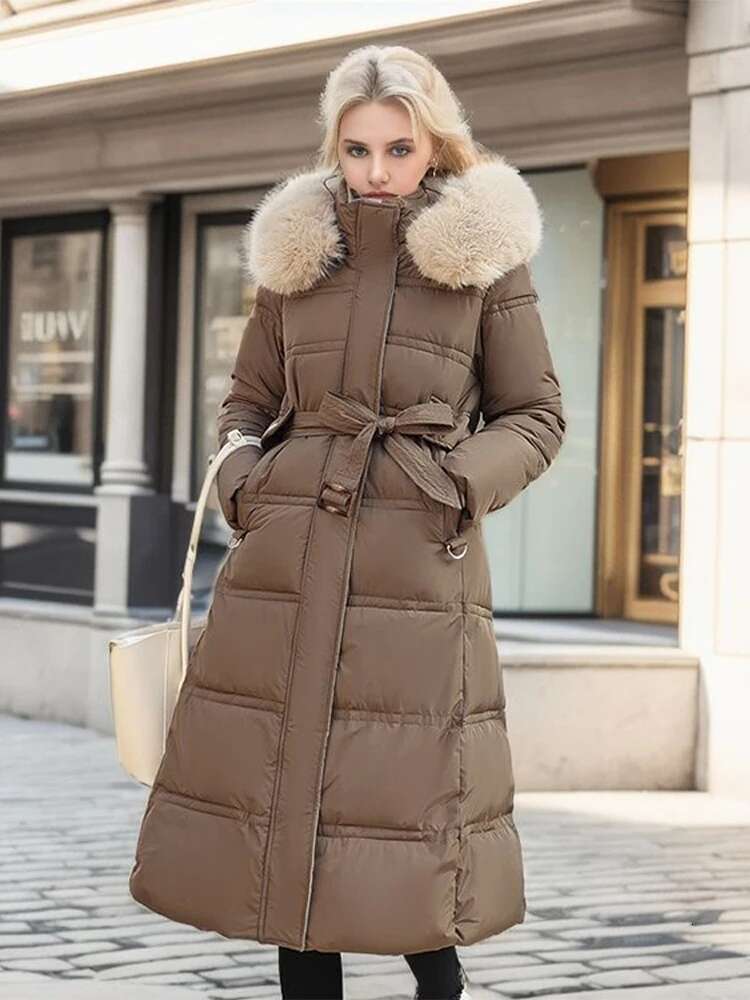 Elegant Cotton Padded Down Coats Women Hooded Furs Collar With Belt Thicken Female Parkas 2024 Winter Fashion Lady Snow Wears