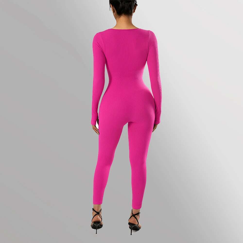 Long Sleeve Women Bodycon One-Piece Outfit Jumpsuit Square Neck Casual Streetwear Rompers Overalls Playsuits Bodysuit