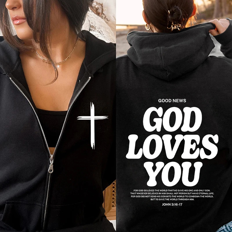 Harajuku Aesthetic Christian Jesus Hoodie Bible Verse God Loves You Hooded Hoodies Women Vintage Zip Sweatshirts Streetwear Y2K 250114