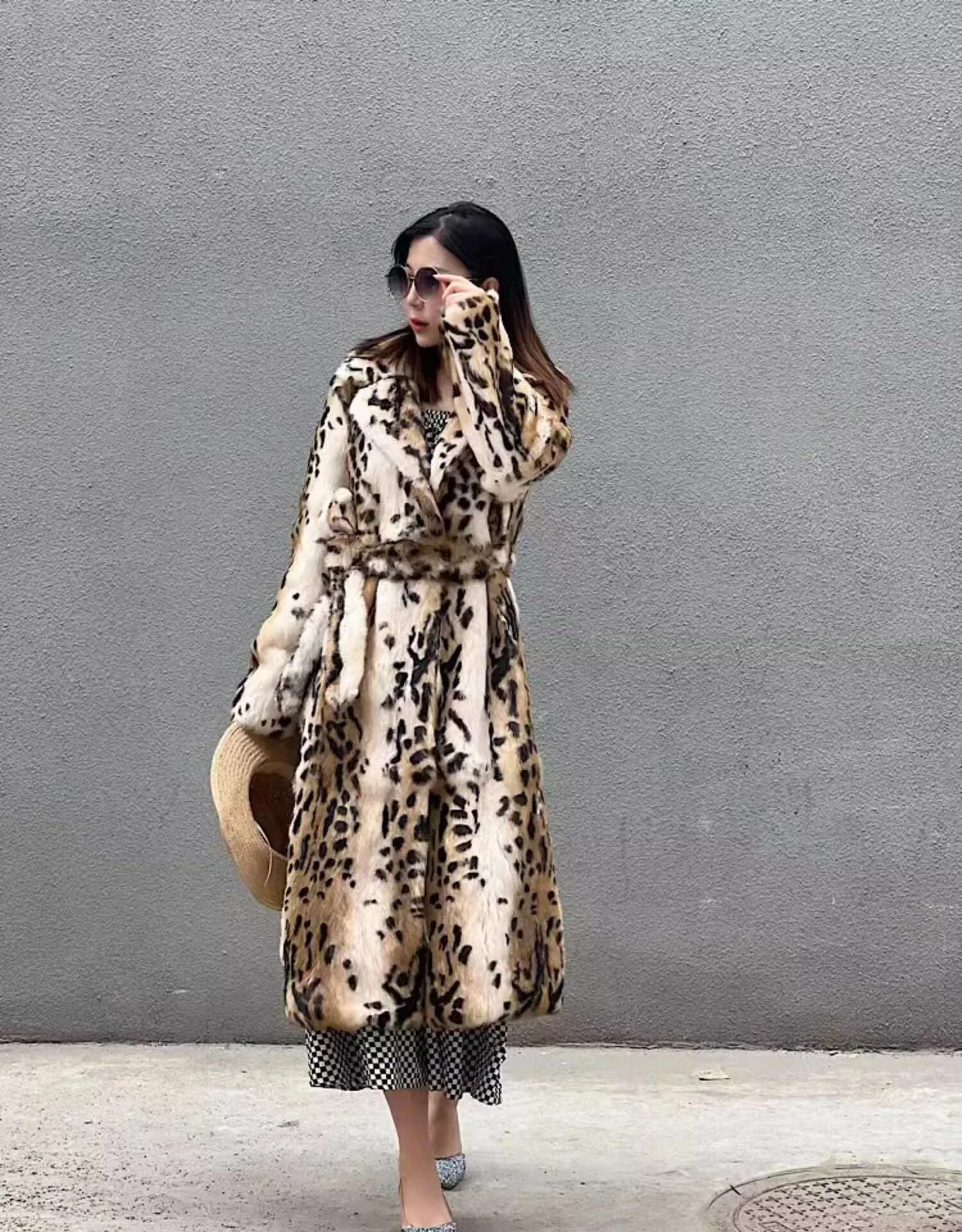 Real Genuine Natural Rabbit Fur Coat Women's Long Fashion English Collar Jacket Outwear Custom Any Size