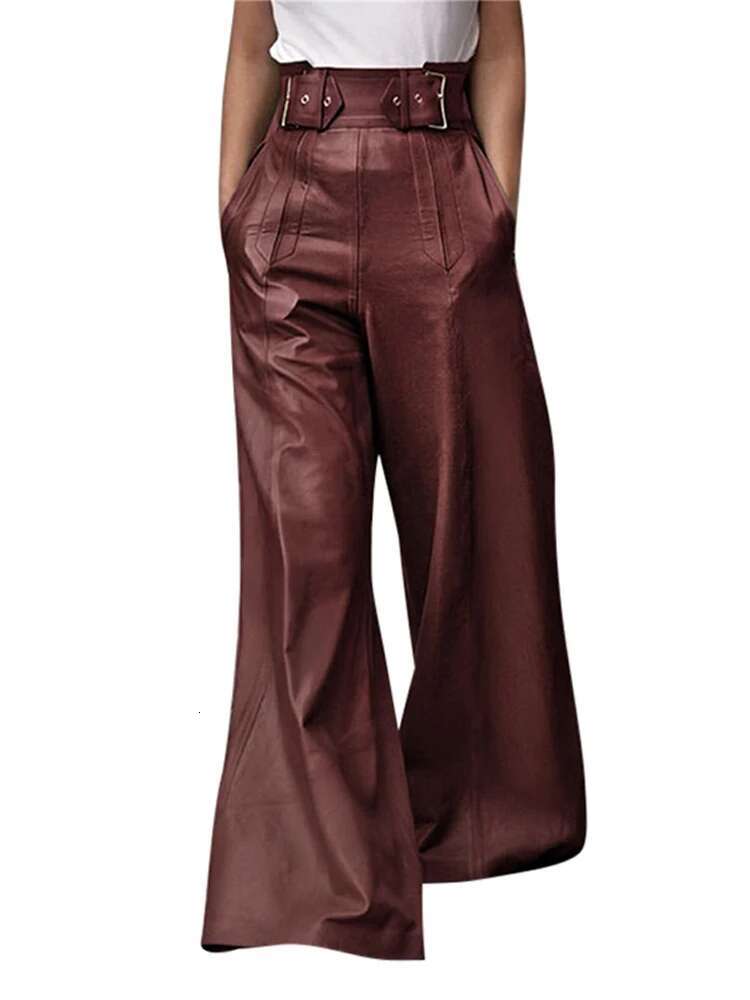 Street Leather Women Trousers High Waist With Belt Flared Or-Length PU Female Long Pants 2024 Autumn Fashion Y2k Lady Pant