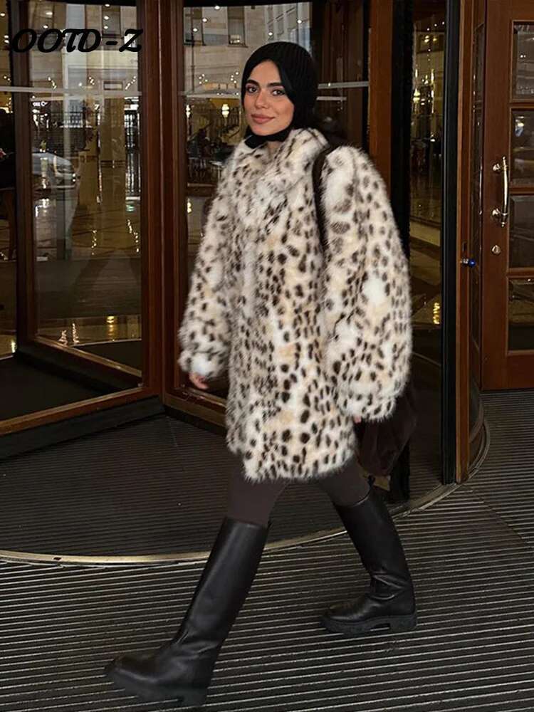 Leopard Print Faux Fur Women's Coat Fashion Full Sleeve Single-Breasted Coats 2024 Winter Warm Thicken Female Outwears