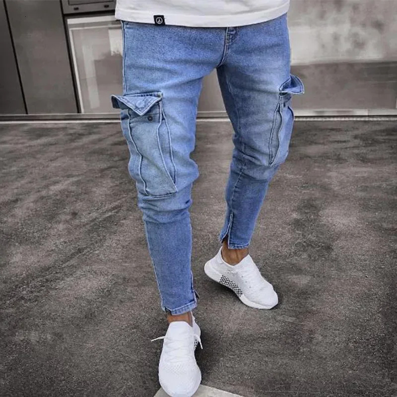 Stretch Mens Jeans Fashion Knee Ripped Zipper Skinny Trousers Denim Pants High Waist Side Pockets 250116