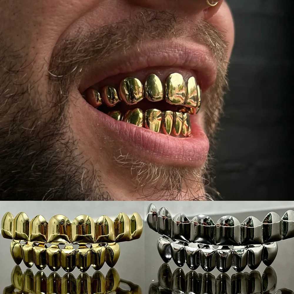 RACHELZ Gold Silver Color 8/8 Glossy Teeth Grillz Braces Top Bottom Tooth Caps For Women Men Jewelry Hip Hop Dental GrillsXJ250114