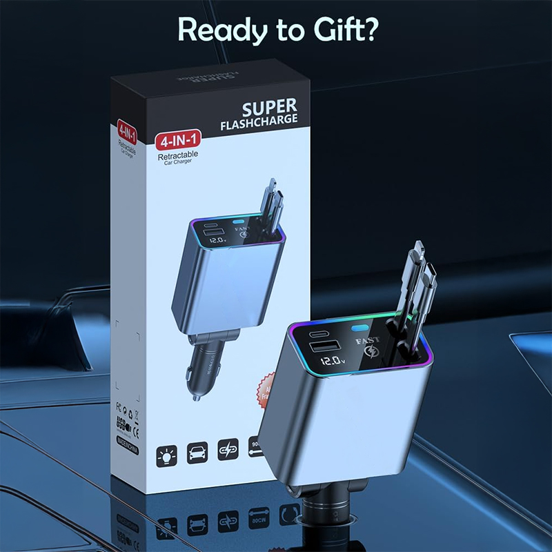 4-Port Retractable Car Charger - 144W Dual Type-C & USB A, Compatible with iPhone 16 Pro/16/15 Pro, Samsung Galaxy, Android Devices
