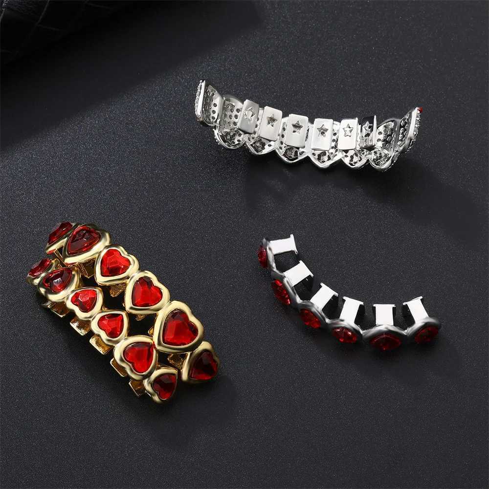 RACHELZ 6/6 Red Crystal Heart Tooth Caps For Women Men Jewelry Hip Hop Silver Color Green Zircon Teeth Grillz Dental GrillsXJ250114