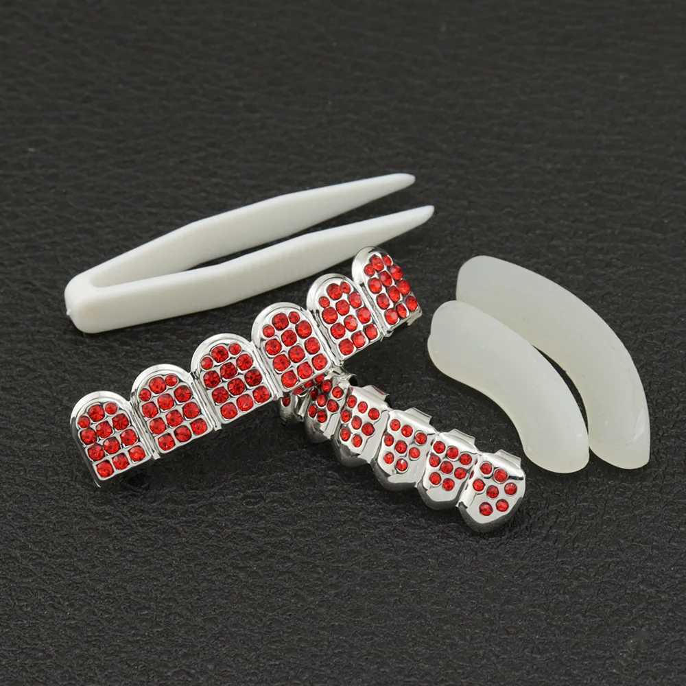 HIP HOP Red Color CZ Stones Teeth Grillz Caps Cubic Zircon Iced Out Micro Pave Top Bottom Charm Grills Set For Men Women JewelryXJ250114