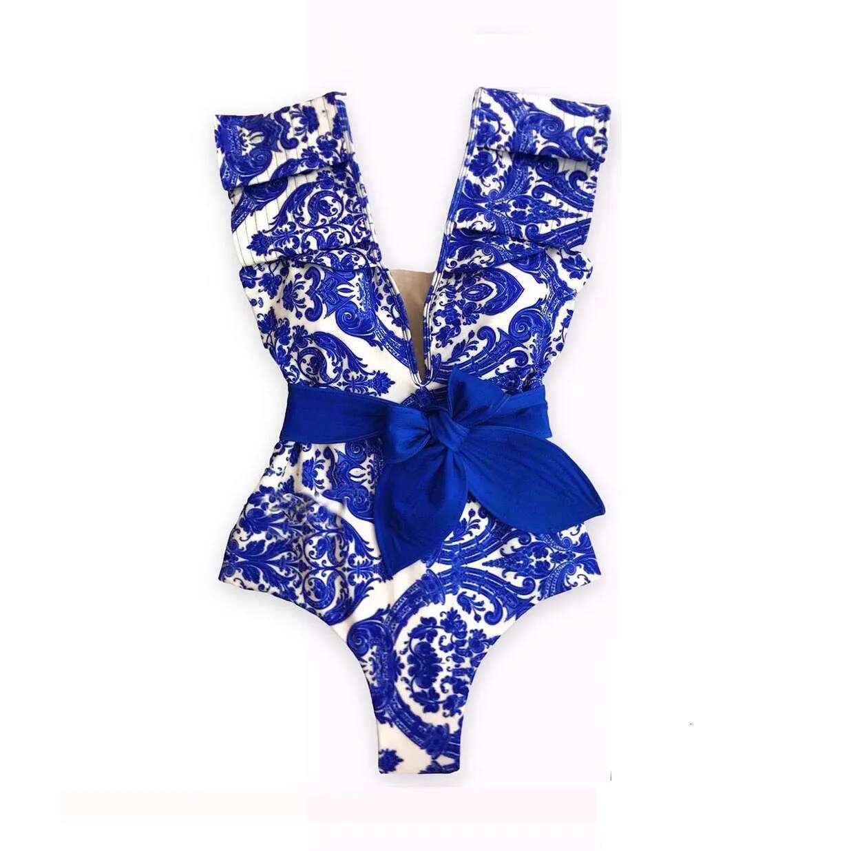 2025 New Sexy V-Neck One Piece Swimsuit Belt Swimwear Women Ruffle Monokini Push Up Swim Colorful Bathing Suit Female Beach