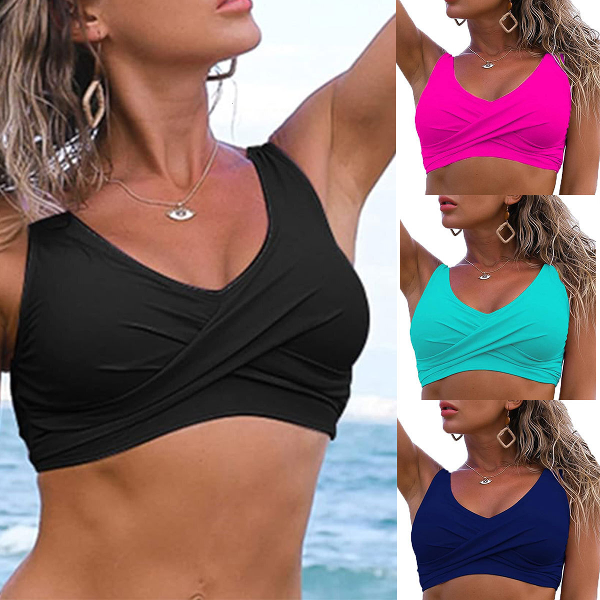 Women's front twisted bikini V-neck gathered padded top swimsuit