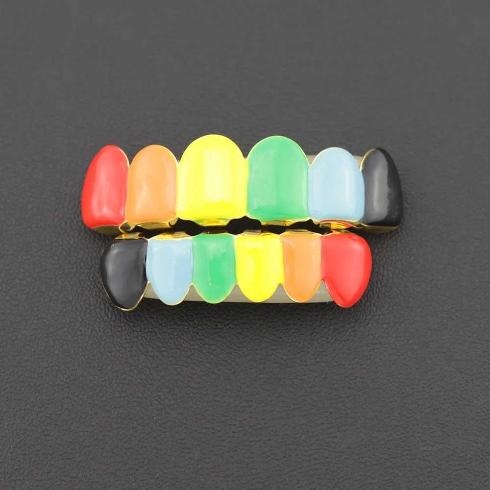 Multi Color Drip Oil CZ Teeth Grillz Caps Cubic Zircon Iced Out MicroTop Bottom Charm Grills For Men Women Hip Hop Jewelry XmasXJ250114