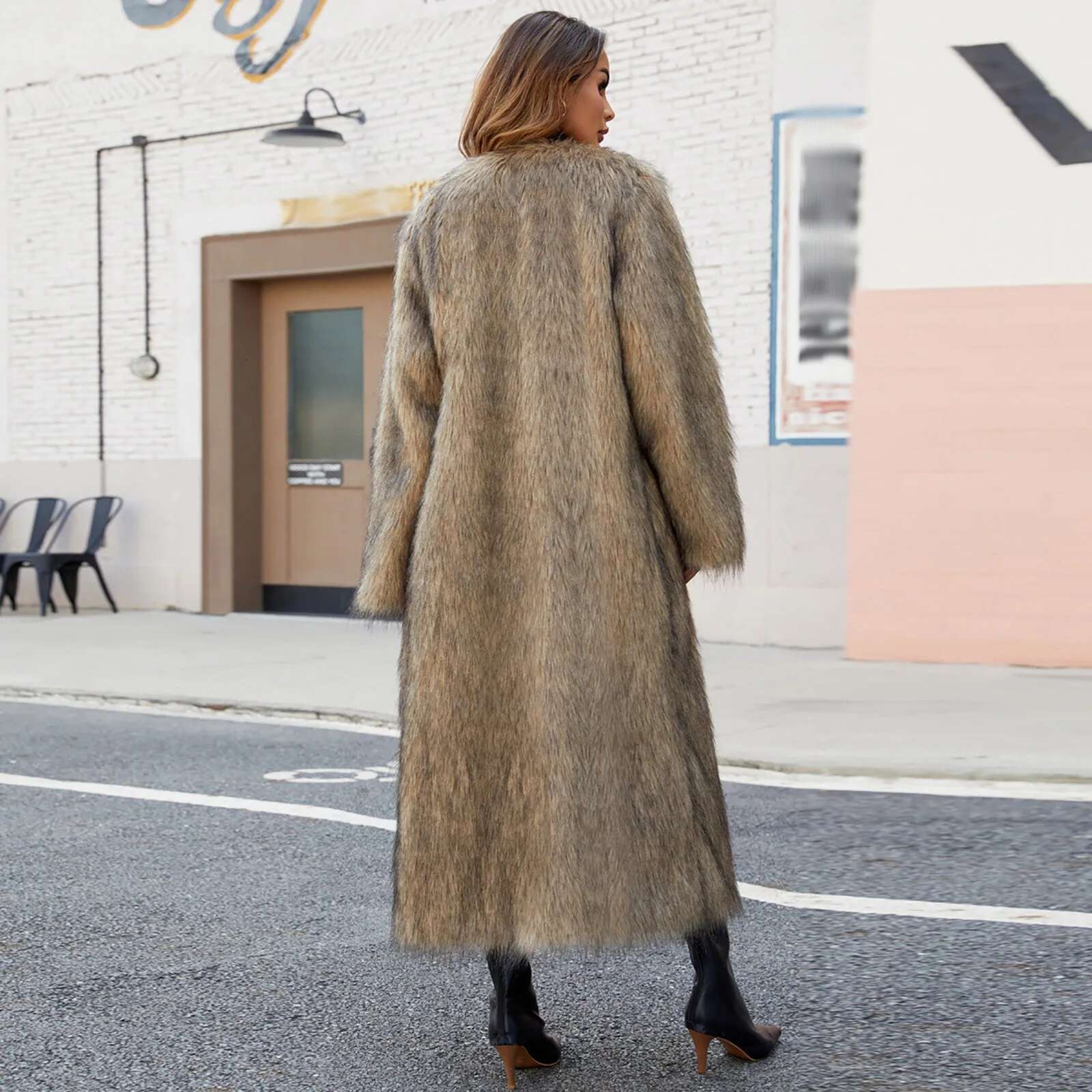 Women Faux Fur Coats Full Sleeve Open Long Jackets V Neck Splice Thick Coat Elegant Lady Streetwear Winter 2024