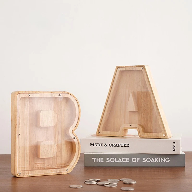 26 Alphabet Moneybox Coin Money Piggy Bank Wooden Letter Saving Box Desktop Ornament Home Decor Crafts For Kids 250114