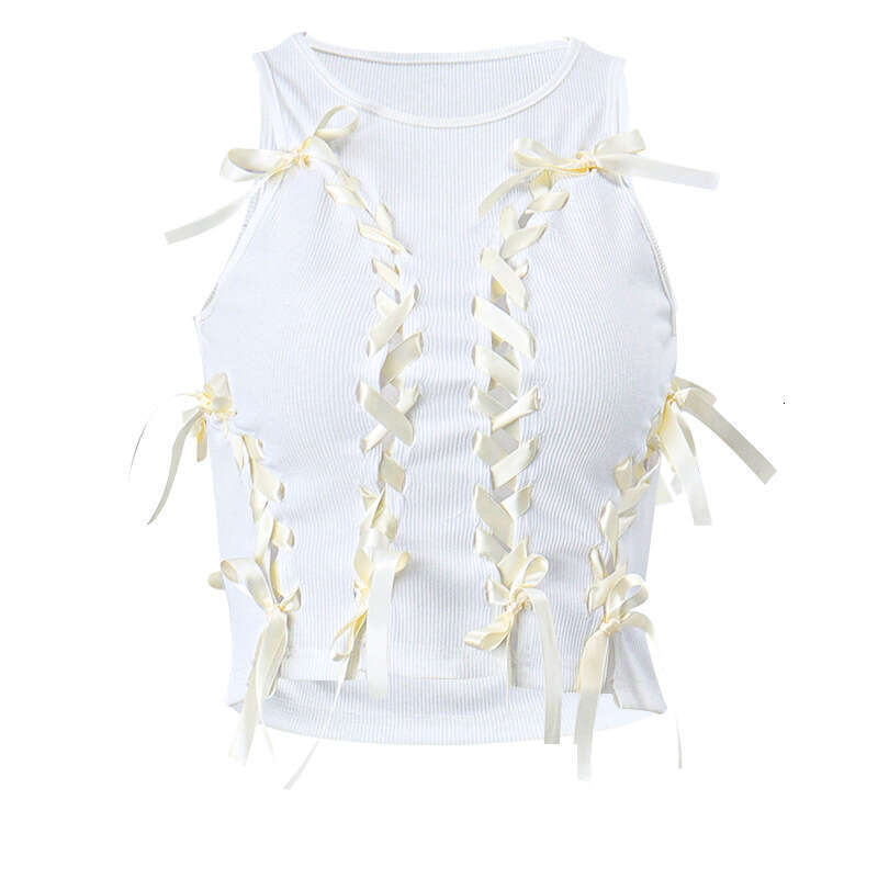 2025 Spring Hot Round Neck Hollow Cross Tie Bow Short Sleeveless Tank Top New Casual Versatile Fashion Clothing