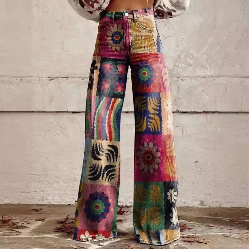 Fashion Button-Zip Women's Elegant High Waisted Bell Bottom Pant Vintage Ral Printed Versatile Casual Fly Pants