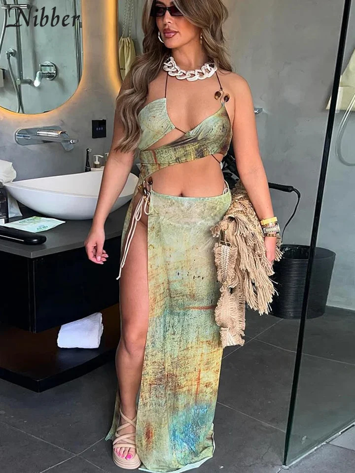Nibber Aesthetic Printed Two Piece Set Womens Strap Irregular CamisHigh Side Split Maxi Skirts Womens Vacation Set 250110