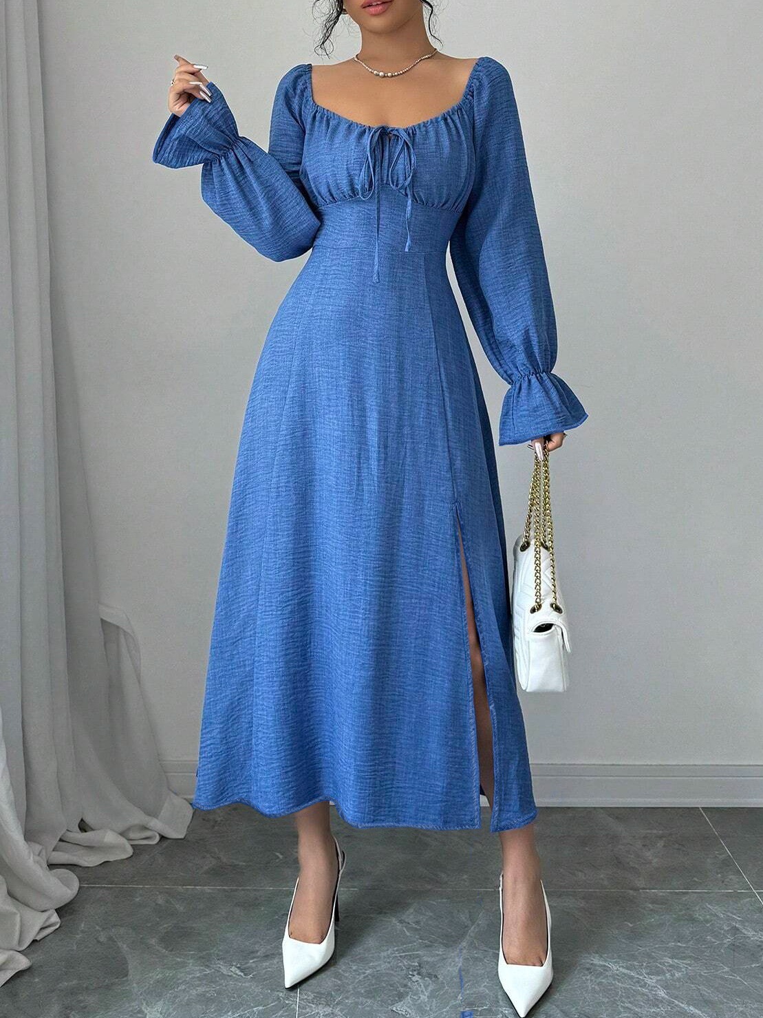 B8600 Slightly plump ladies square neck drape elegant lace-up slit waist long-sleeved dress