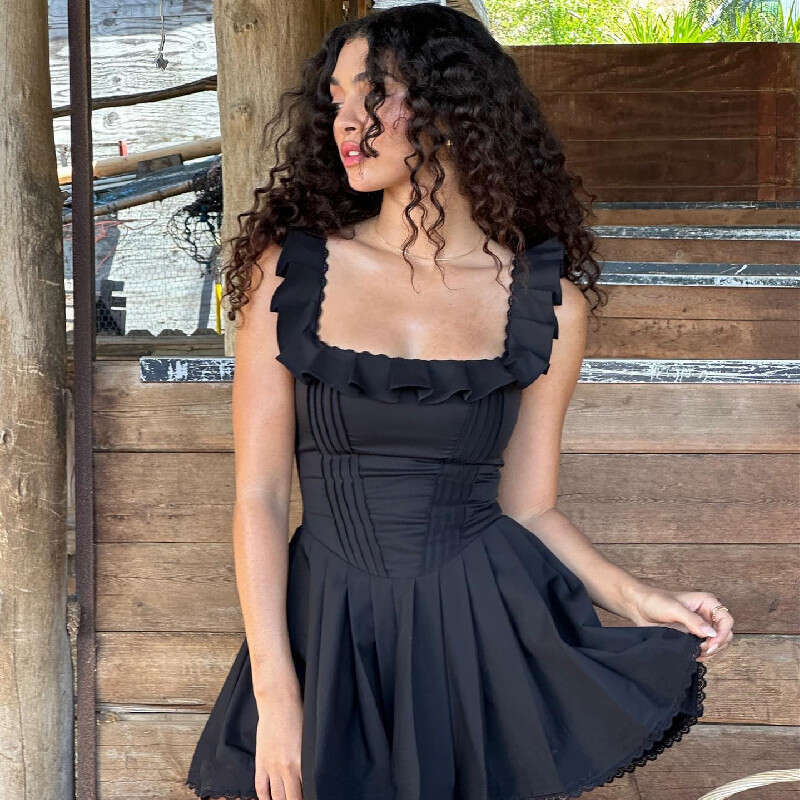 Ins European and American Summer French Style Square Collar Mushroom Edge Fishbone Bundle Dress Women's New Casual Fashion Trendy Clothing
