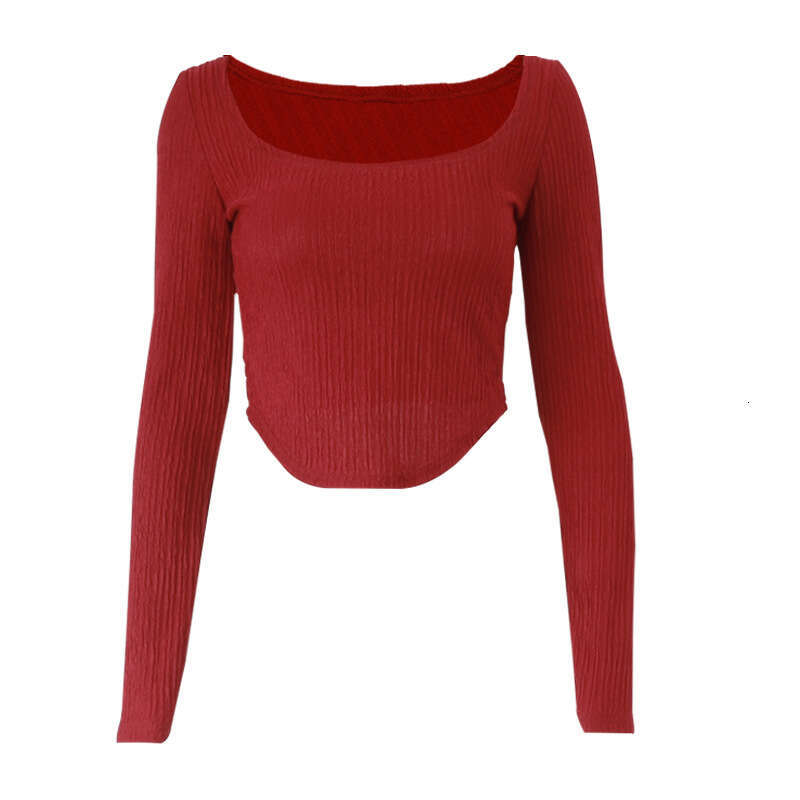 European American autumn women's sexy French U-neck slim ribbed long sleeved top T-shirt new style chic and elegant clothing