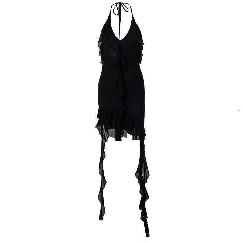 2025 European and American Spring Sexy Pure Desire Wind Deep V Neck Hanging Ruffle Irregular Slimming Dress Temperament Versatile New Trendy Clothing 
