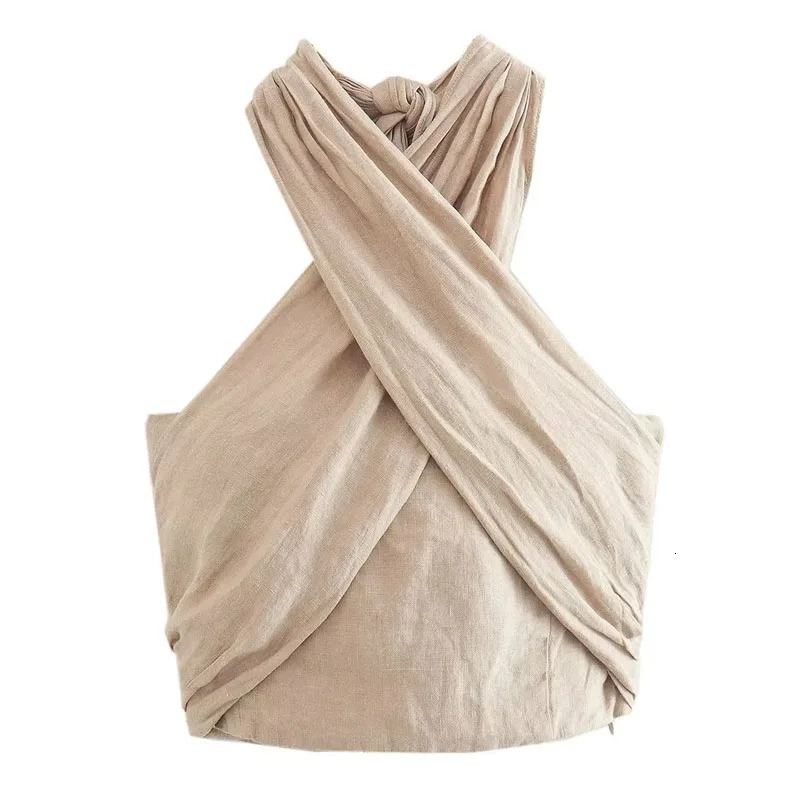 TRAF Linen Halter Top Summer Tops For Women Crop Backless Sleeveless Sexy Top Females Elegant Fashion Top Trend 250115