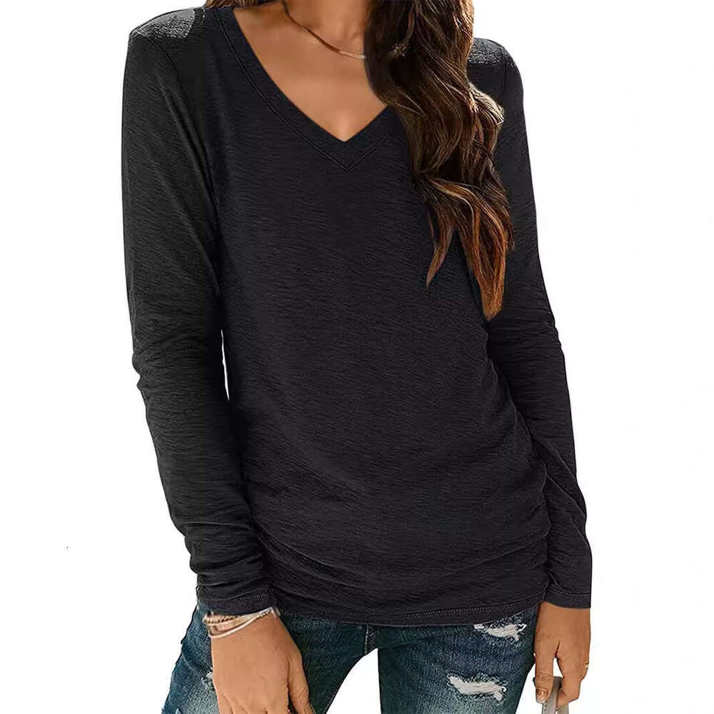 European American V-neck long sleeved women's solid color top T-shirt, 2025 new style, chic and elegant clothing