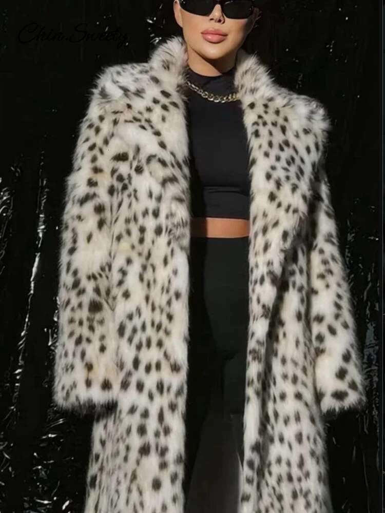 Thicken Faux Fur Overcoat Oversize Leopard Lapel Sleeve Long Coat Women 2024 Autumn Winter Fashion Street Lady Coats