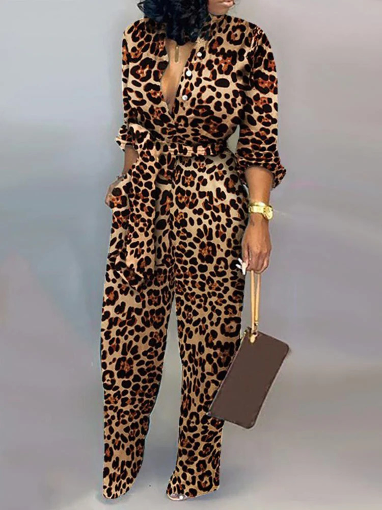 Fashion Autumn Leopard Print Lace-up Jumpsuit Women 2024 Elegant Deep V-neck One Piece Overalls Casual Jumpsuits Streetwear 250107