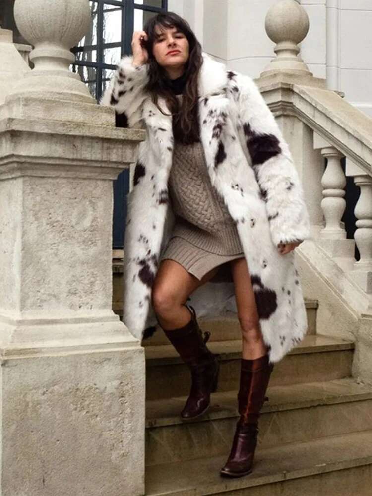 Vintage Thick Faux Fur Cow Pattern Coats Women Casual Loose Lapel Single-Breasted Long Coat Lady Winter Elegant Street Outwear