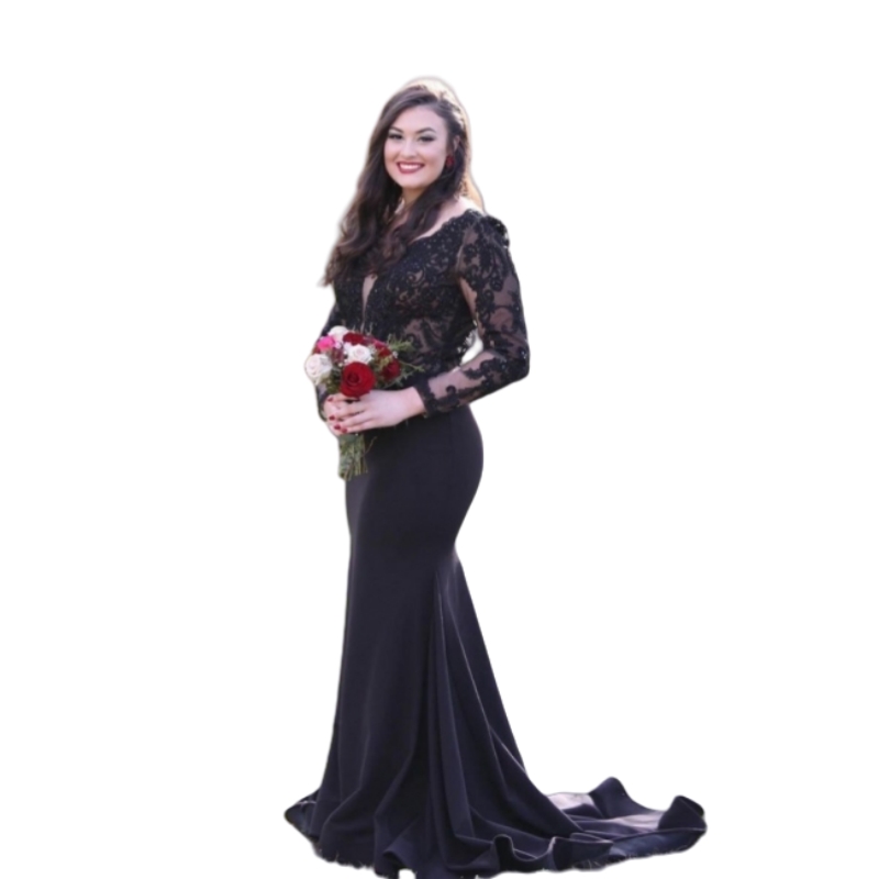Gothic Black Wedding Dresses Lace Long Sleeve Mermaid Bridal Gowns Deep V-Neck Satin Vestido De Novia 2025