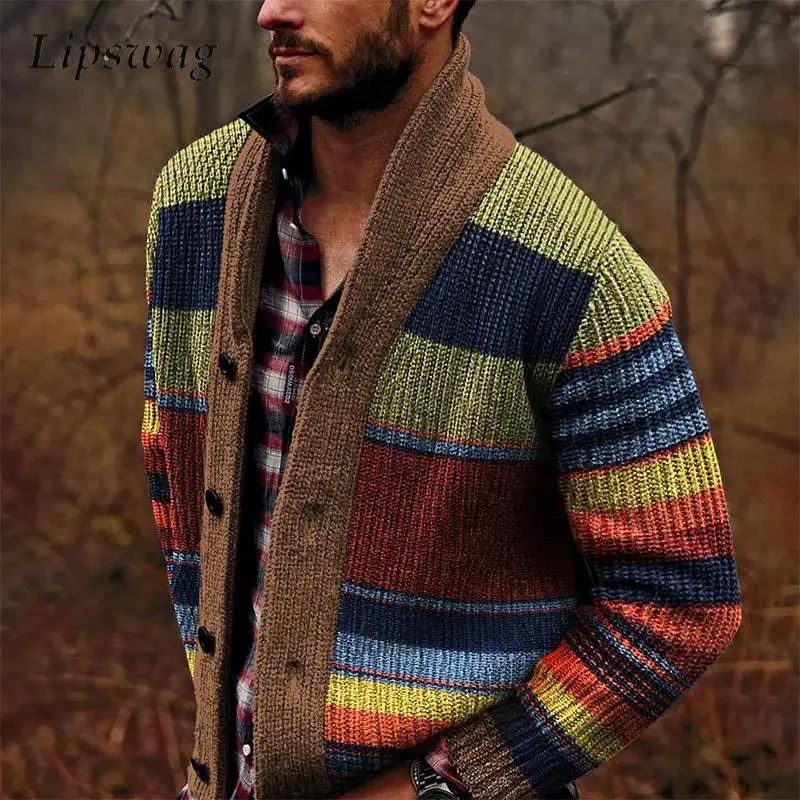 Trendy Mens Knitted Cardigans 2025 Spring Casual Button-up Lapel Sweatercoats Men Vintage Rainbow Striped Sweater Jacket Coats 250113