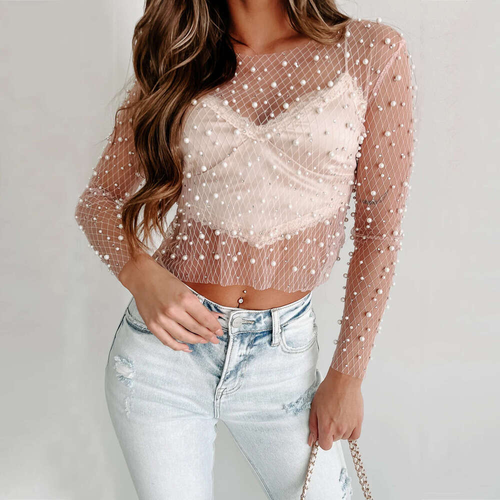 European and American Hot selg Women's Sexy Nail Bead Lace Shirt Mesh Long Sleeve Versatile Top for Women 2025 New Style Elegant Clothing