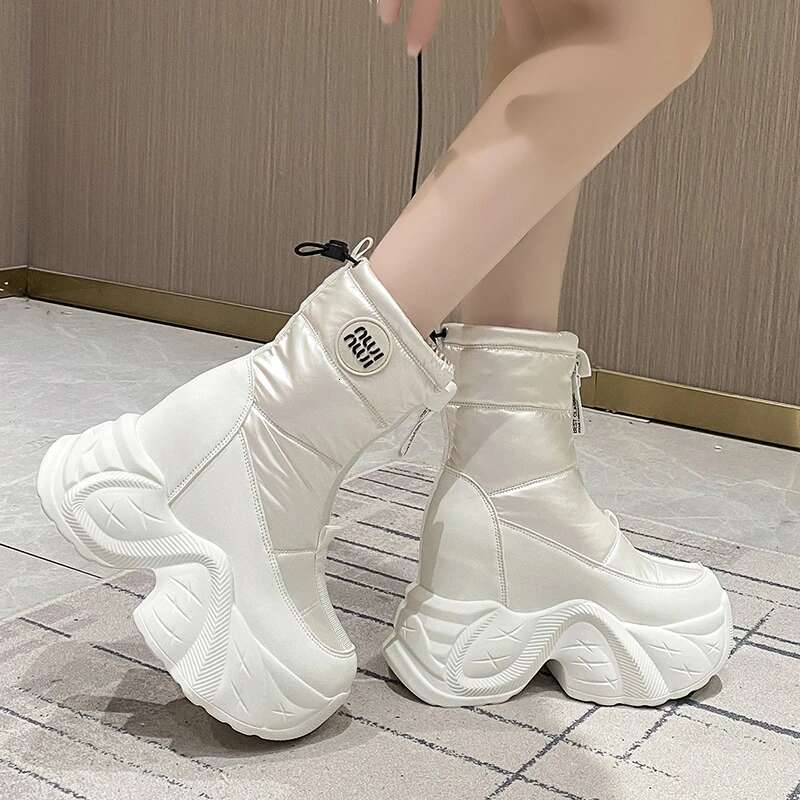Winter Women's Fur Snow Keep Warm Chunky Short Boots Outdoor Plush Mid-Calf Shoes 10Cm Platform Anti-Skid Leather Sneakers