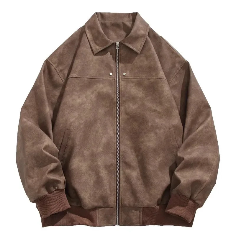 American Style Vintage Brown Lapel Leather Jacket High-End Feel Chamois Leather Couple Jacket Casual Scene Regular Type 250109