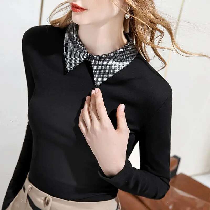 Polo Collar Slim Fit Full Set Base Makeup Women's Spring And Autumn New Style Long Sleeved Solid Color Retro T-shirt Top Fashionable And Elegant 