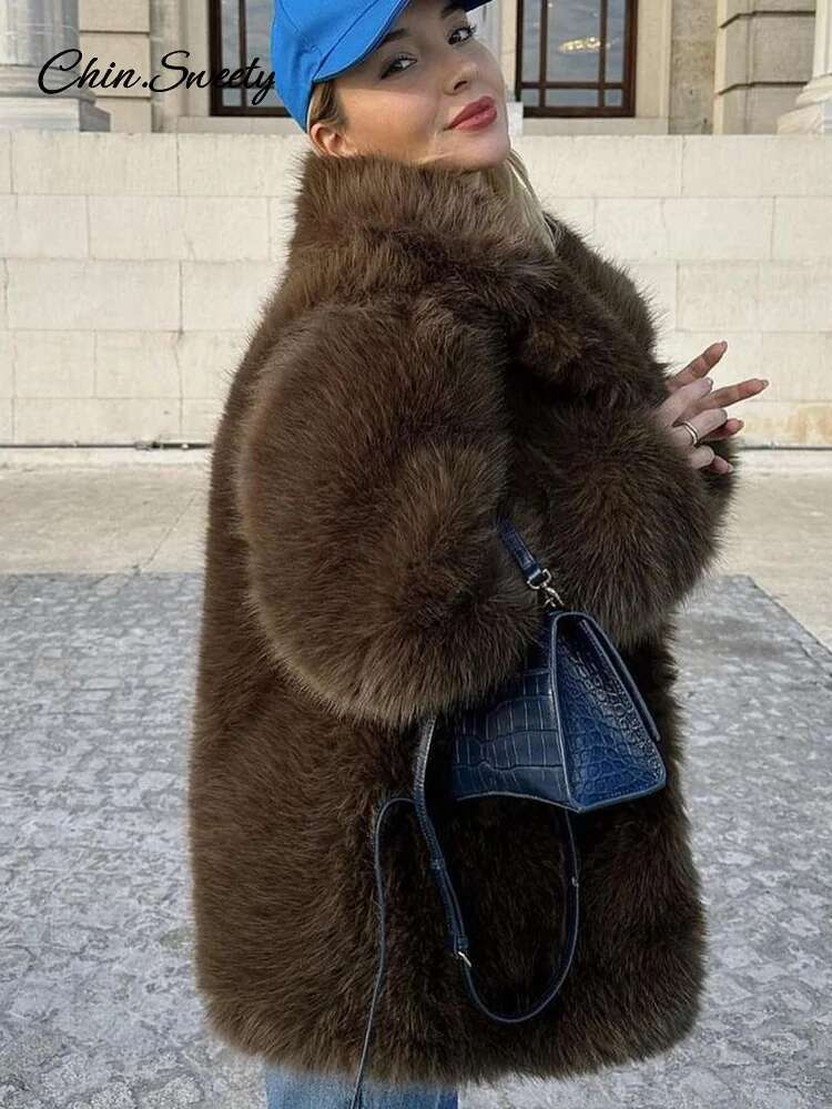 Brown Faux Fur Coats Women Fashion Full Sleeve Lapel Long Warm Jacket 2024 Winter Fluffy Thick High Street Outerwear New