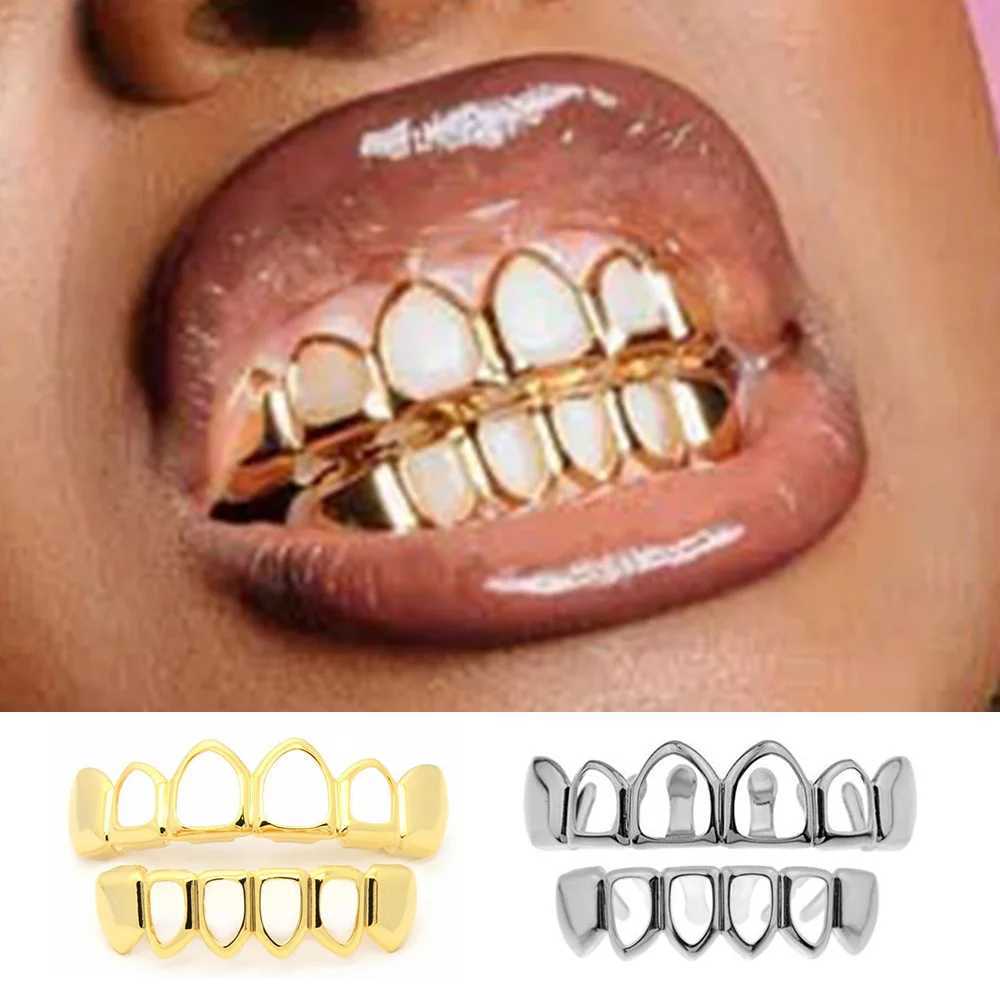YOUNGX Hip Hop Classic Hollow Tooth Caps Braces For Women Men 6/6 Top Bottom Glossy Mouth Teeth Grillz Jewelry Dental GrillsXJ250114