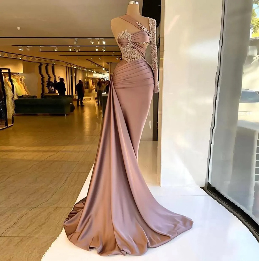 2025 Gorgeous Elegant Prom Dresses Single Long Sleeve Appliques Mermaid Long Train Women Evening Pageant Gowns Plus Size Custom Made