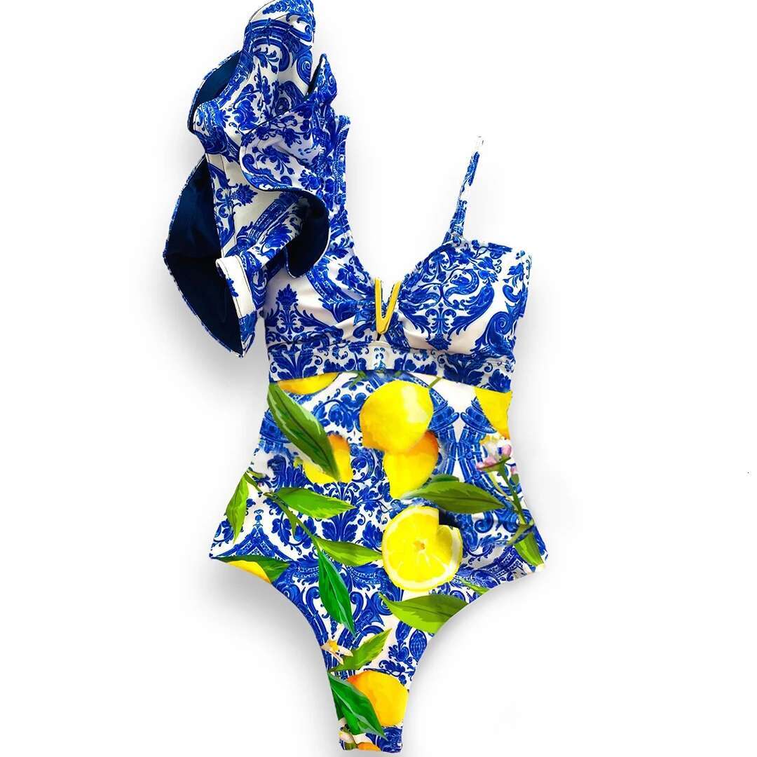 2025 New Sexy V-Neck One Piece Swimsuit Belt Swimwear Women Ruffle Monokini Push Up Swim Colorful Bathing Suit Female Beach