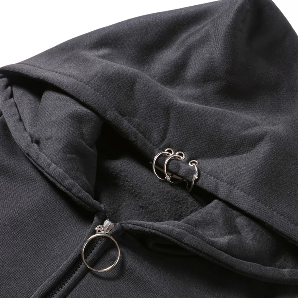 XUANSHOW Women Hoodies Gothic Punk Iron Ring Sweatshirts Autumn Winter Long Sleeve Zipup Black Jacket Zipper Ladies Coat 250114