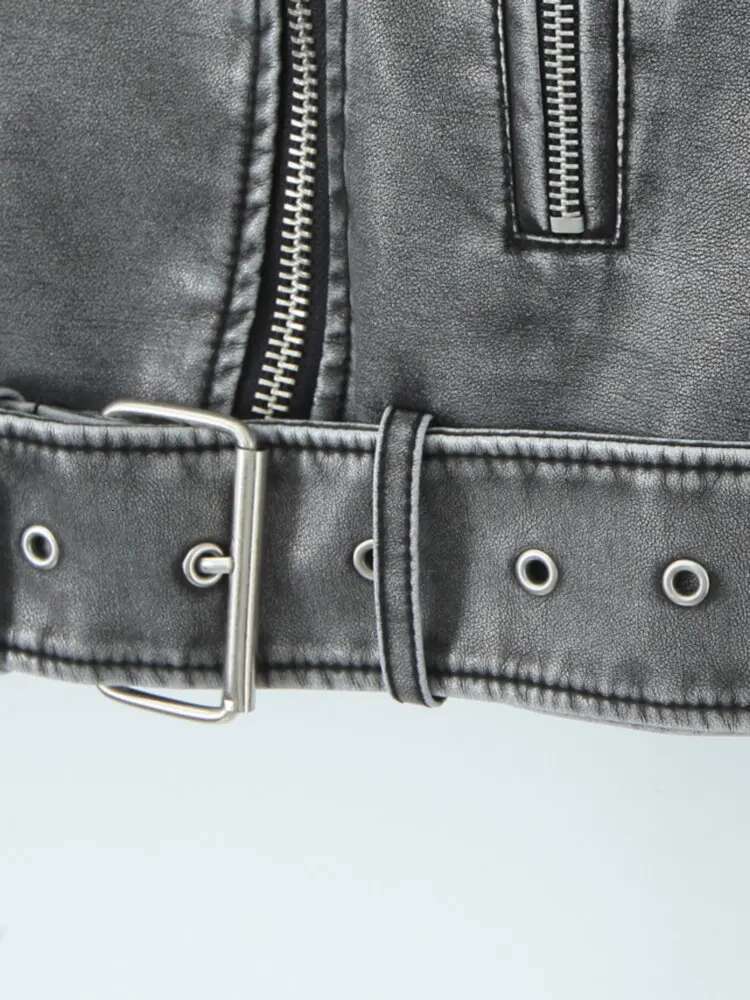Women Autumn Winter Loose Gray PU Faux Leather Short Jackets Belt Female High Street Zipper Retro Moto Biker Coats Outwear Xs-Xl
